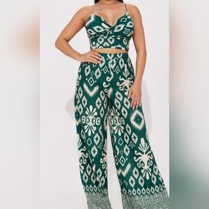 Fashion Nova Green and White Patterned Pants Set